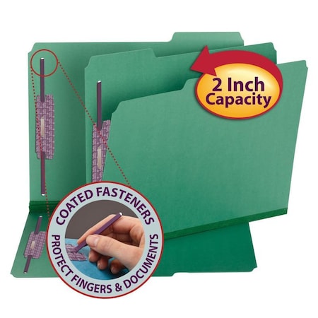 SMEAD Fastener Folder, 1/3 Cut Tab, Letter, 25/BX, Green PK SMD14938